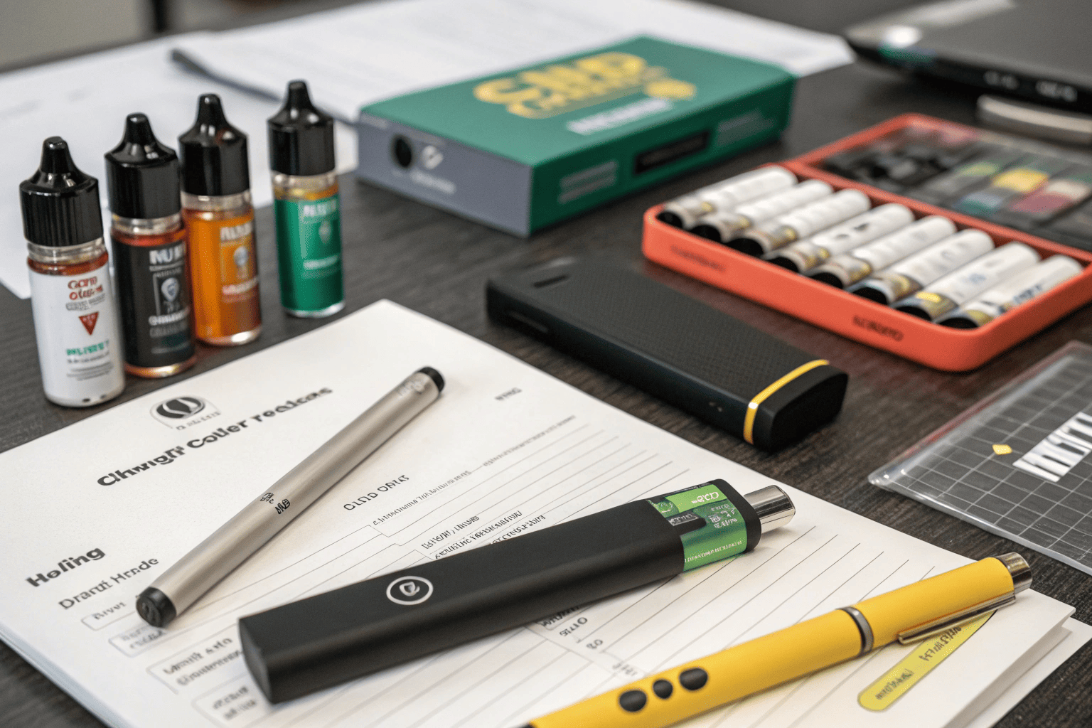 The interior of a modern vape shop with various products on display shelves.