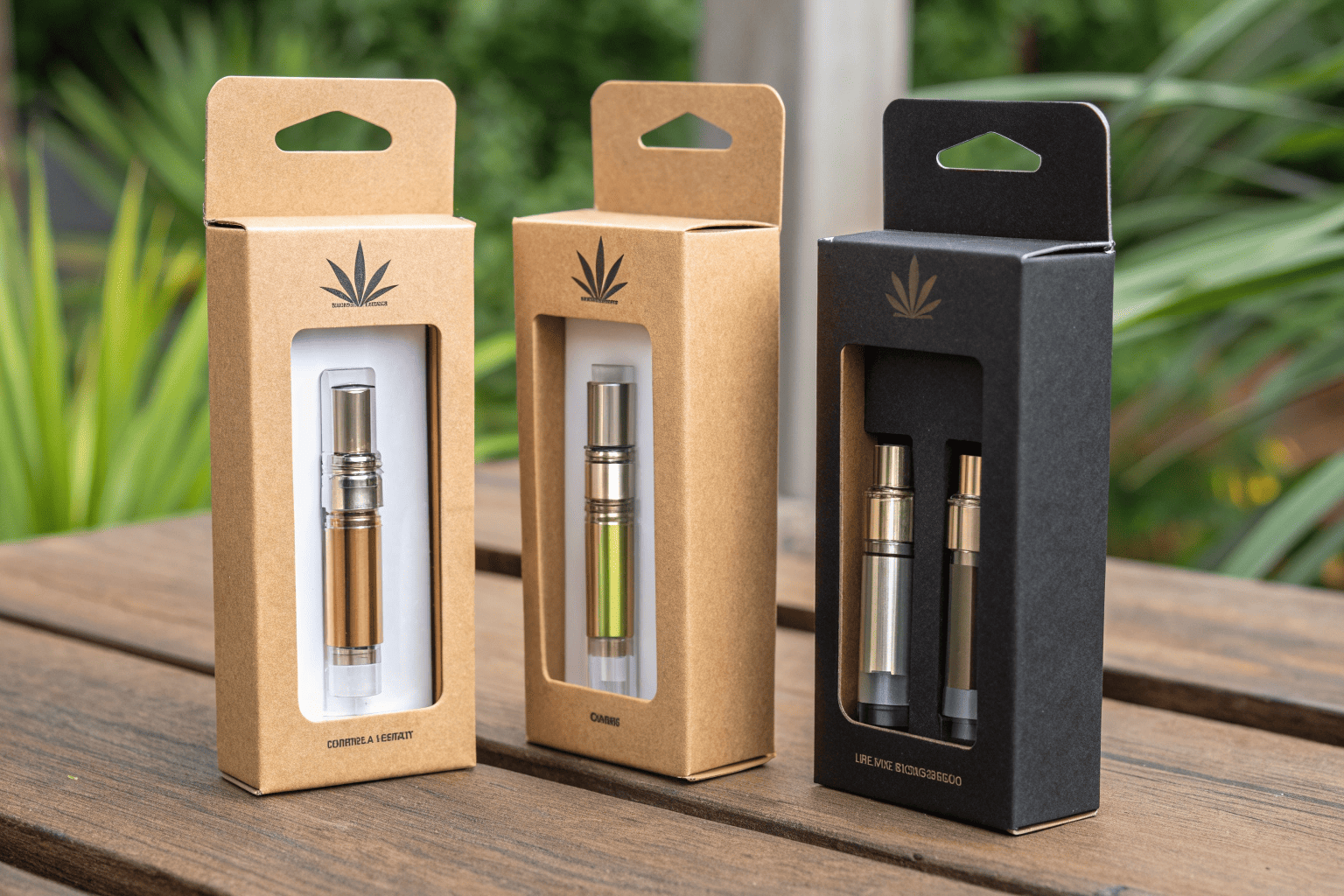 Custom Vape Cartridge Packaging Professional, branded vape cartridge packaging including tubes and small boxes.