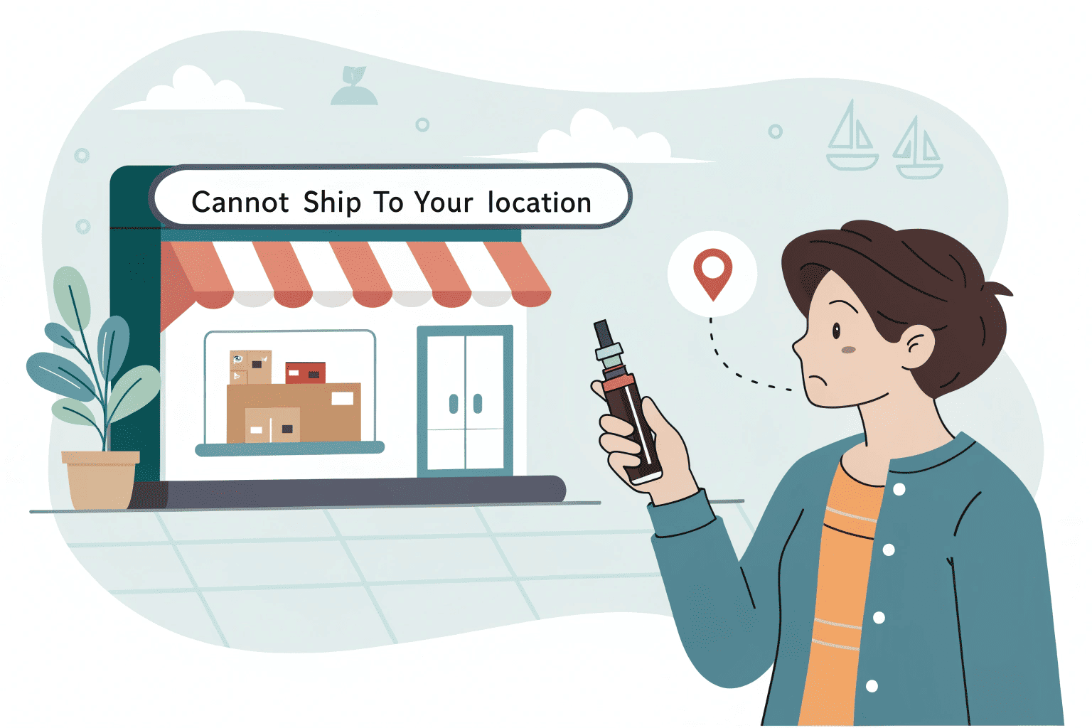A diagram showing the online vape order process: 1. Place Order, 2. Strict ID Verification, 3. Private Shipper, 4. Adult Signature Required at Delivery.