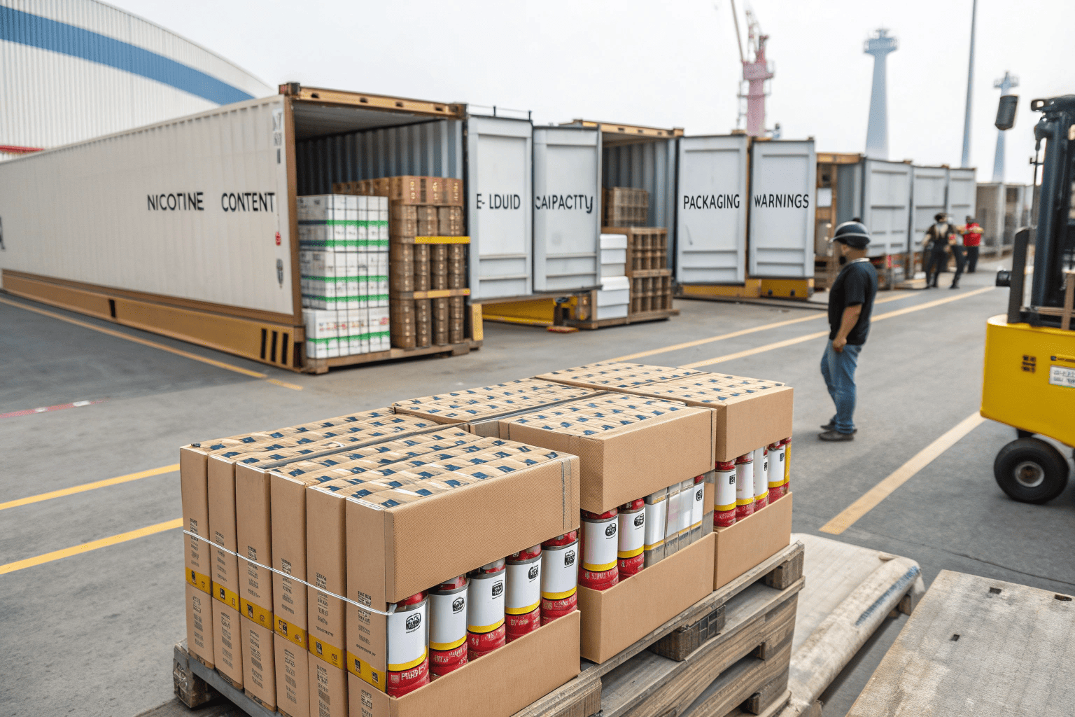 A quality control inspector examining a batch of disposable vapes at a factory.