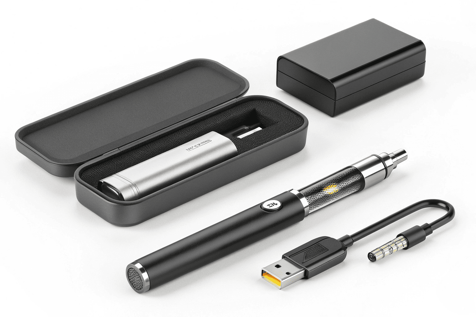 All-in-One Cartridge Vape Pen Kit A complete vape pen kit laid out, including the battery, cartridge, and USB charger.