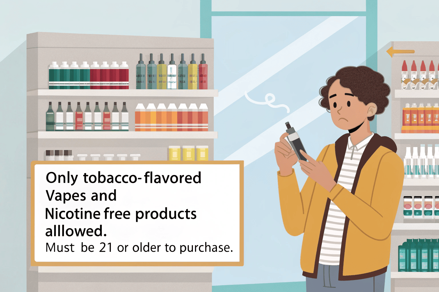 California Vape Sale Regulations A clear sign in a store window stating "We check ID for 21+" next to a "No Flavored Tobacco" notice.
