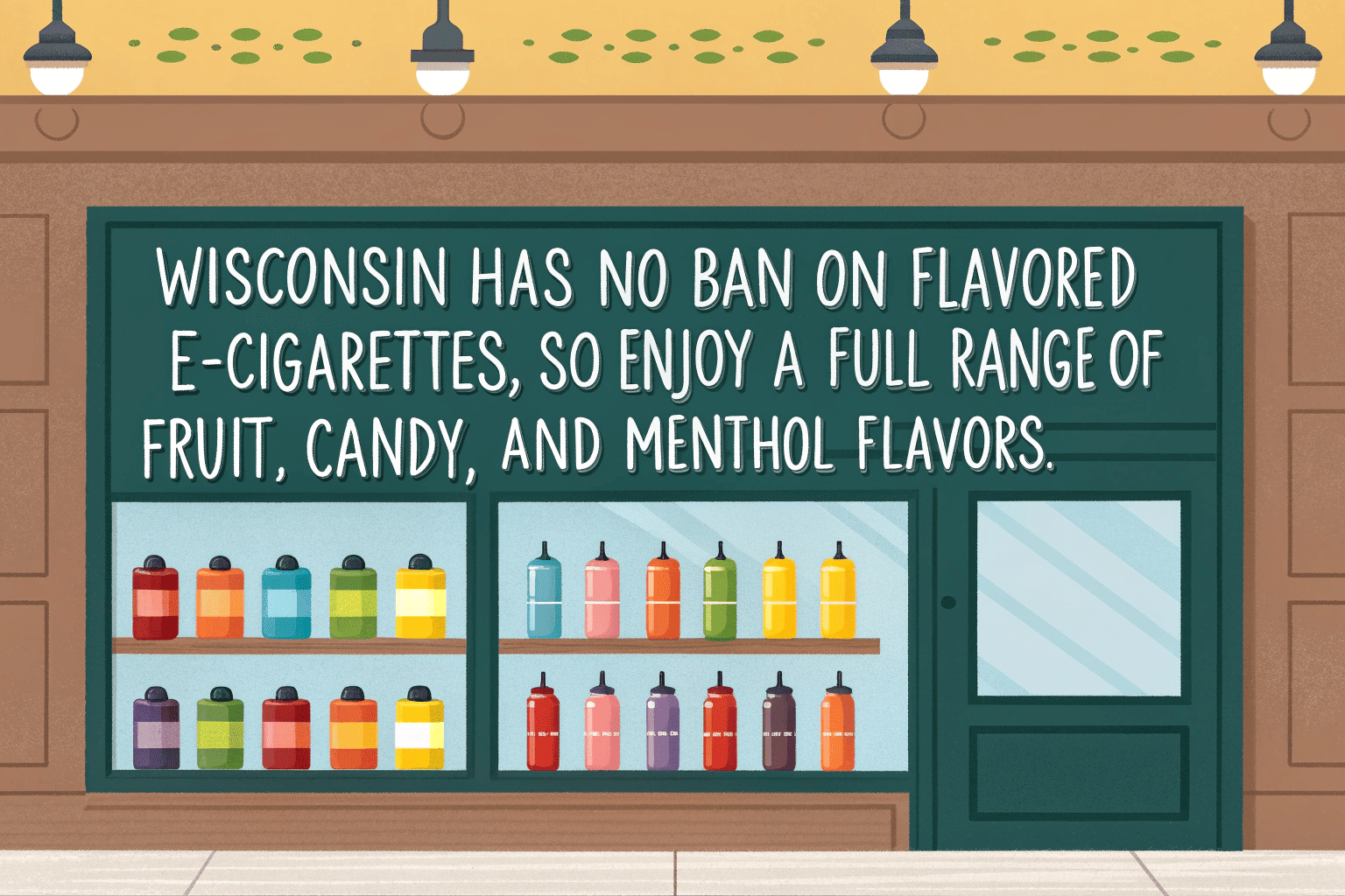 Flavored Vapes for Sale in Wisconsin A colorful display rack filled with various brands and flavors of disposable vapes.