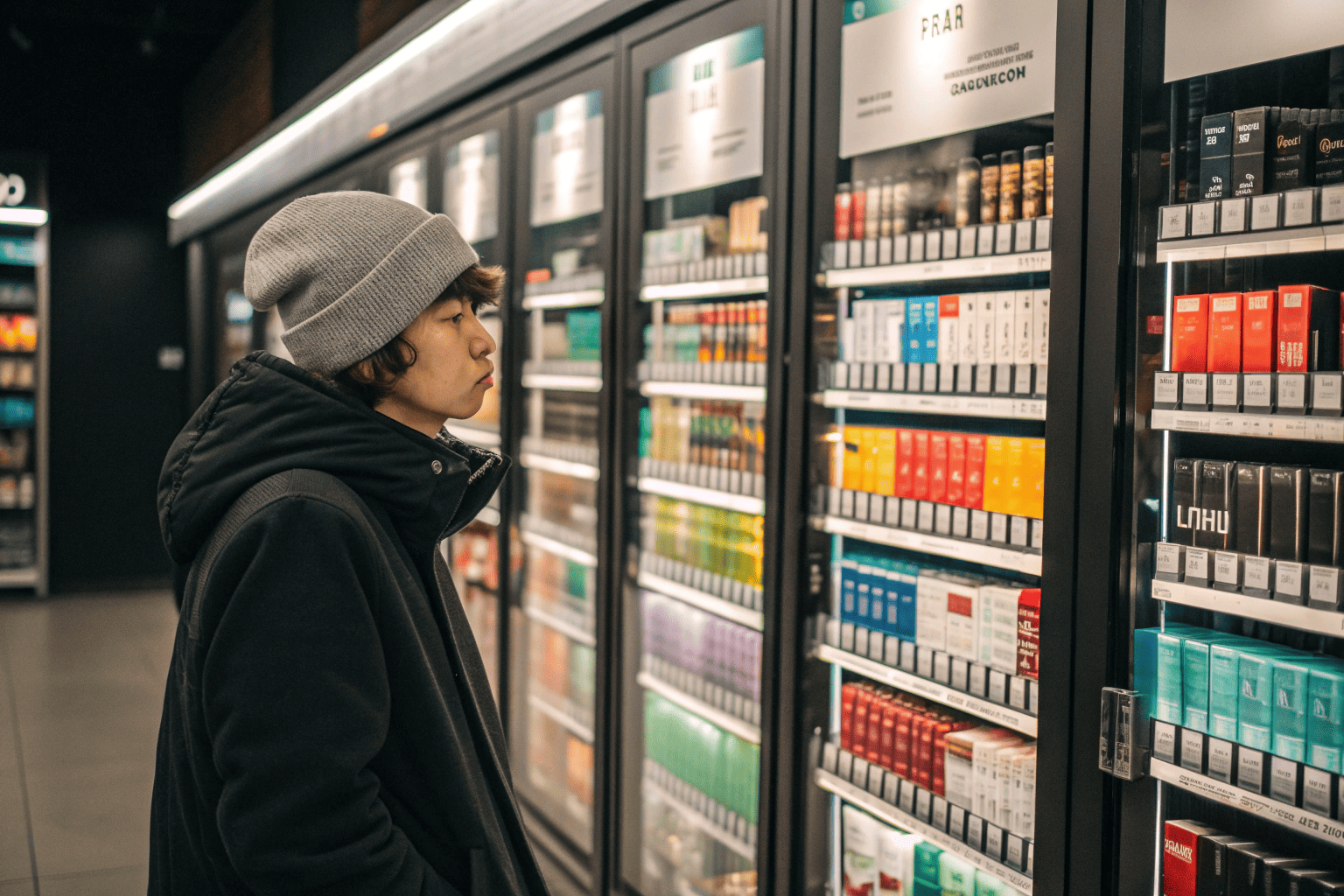 A checkout counter at a convenience store with a small, limited selection of big-brand vapes.
