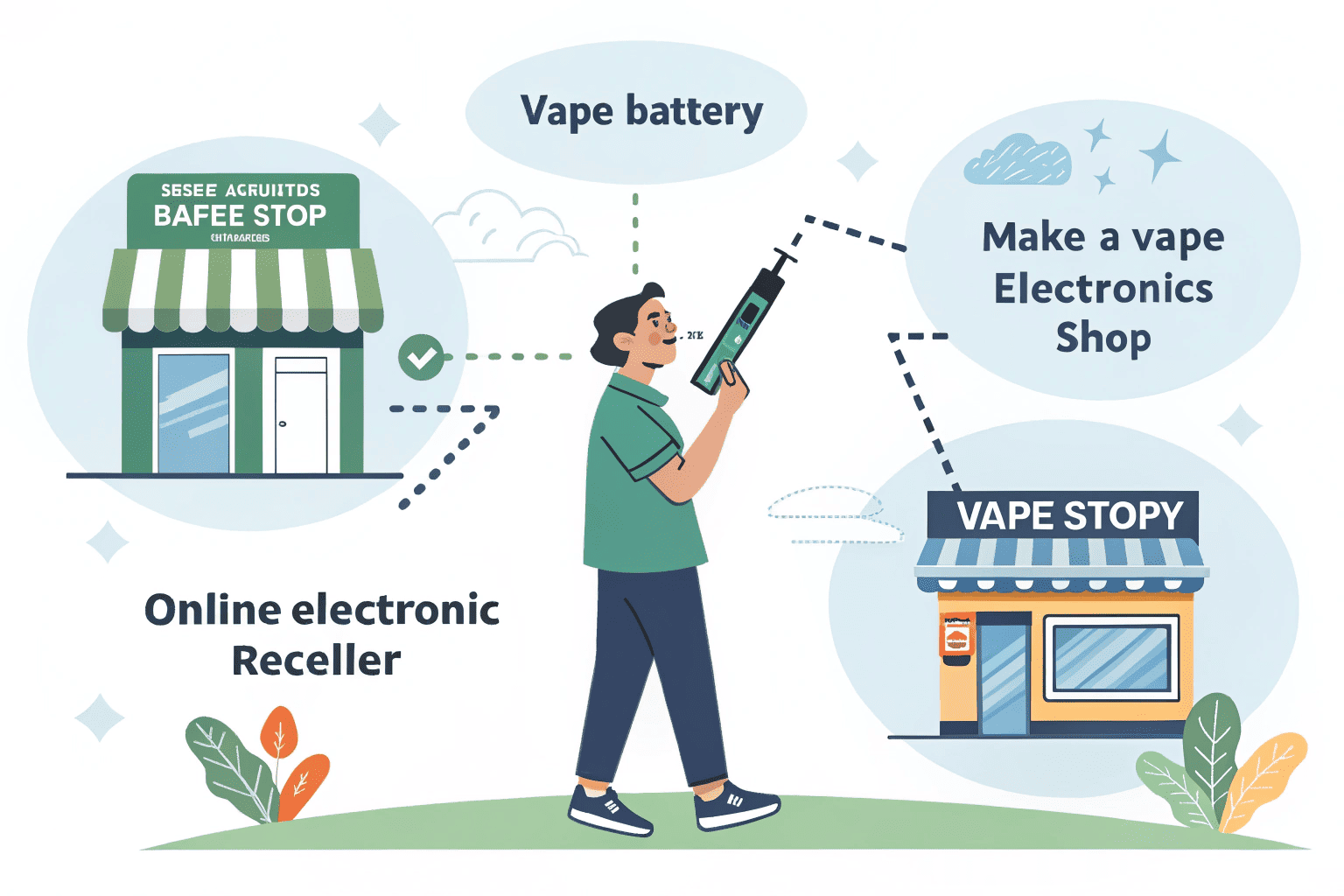The inside of a well-stocked vape shop, showing a display case with batteries and chargers.