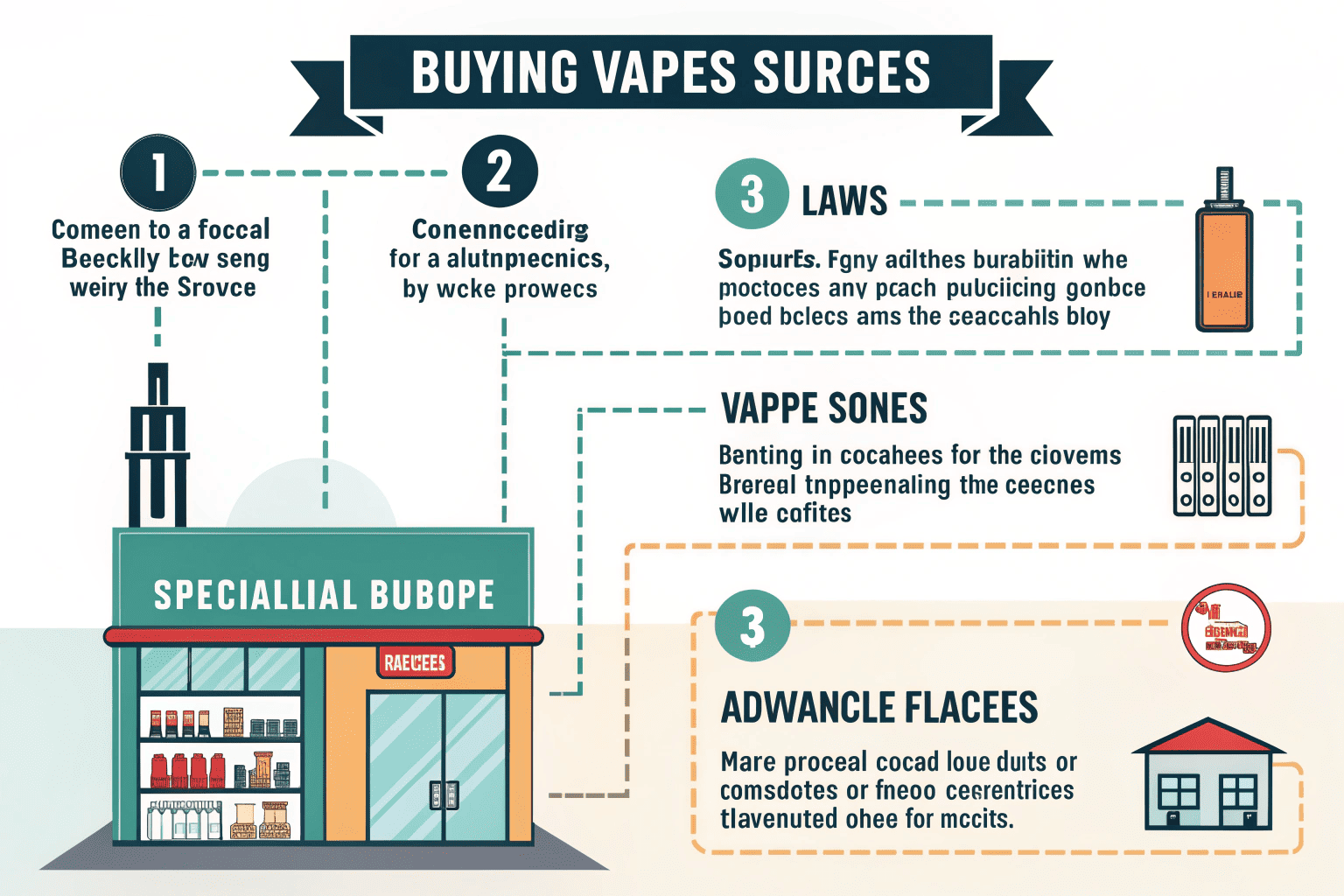 An illustration showing various places to buy vapes: a vape shop, a laptop for online stores, and a convenience store.