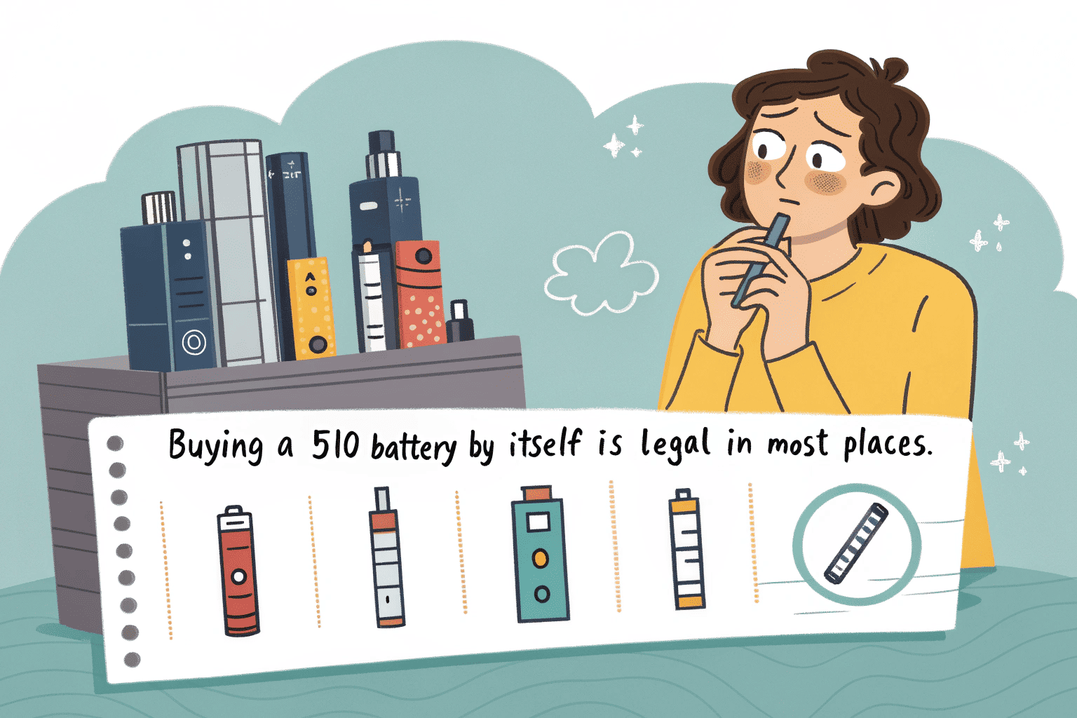 Legality of Buying Vape Batteries A legal document or gavel next to a 510 battery, symbolizing regulations.