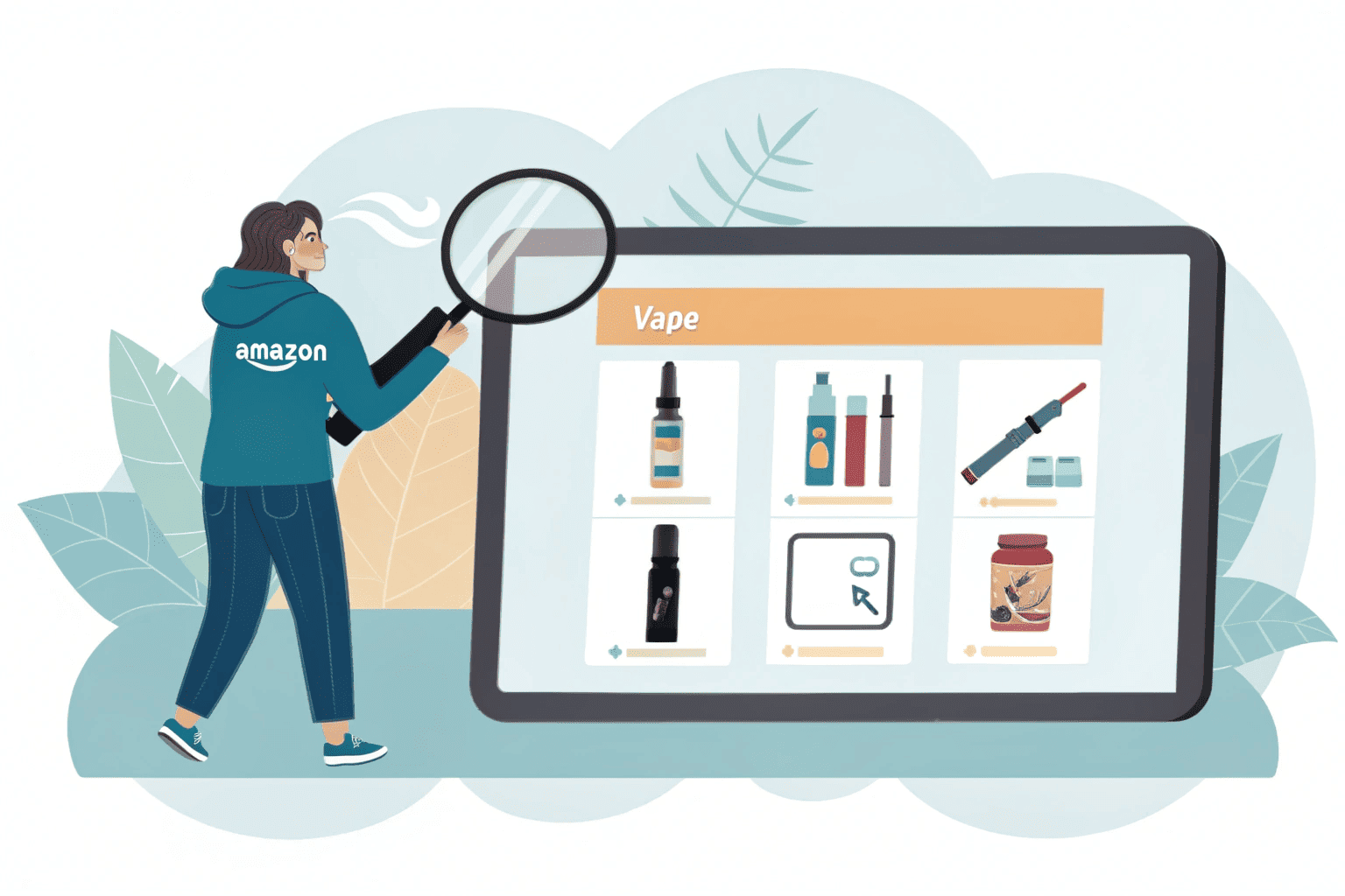 A screenshot of an Amazon search result page for "vape," showing only empty bottles, cases, and battery chargers.