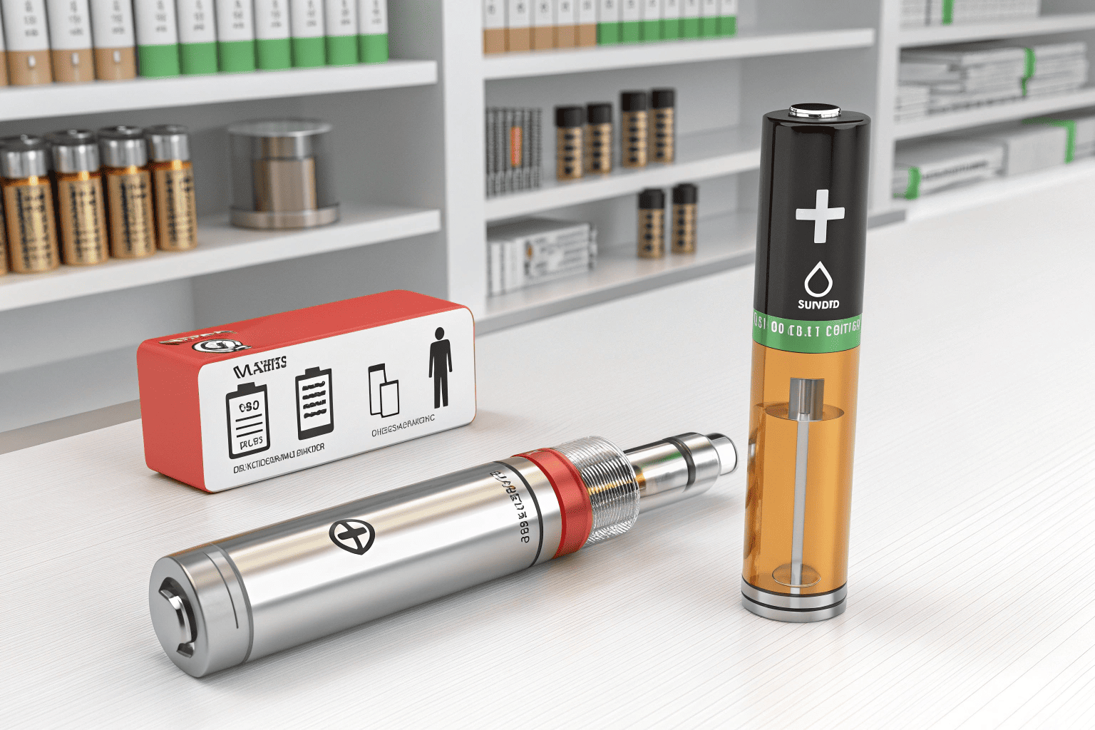Vape Cartridge and 510 Battery A sleek 510 thread battery standing next to a compatible vape cartridge.