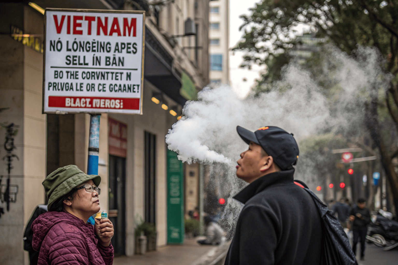 An empty shop shelf with a "Vapes" sign, symbolizing the ban.