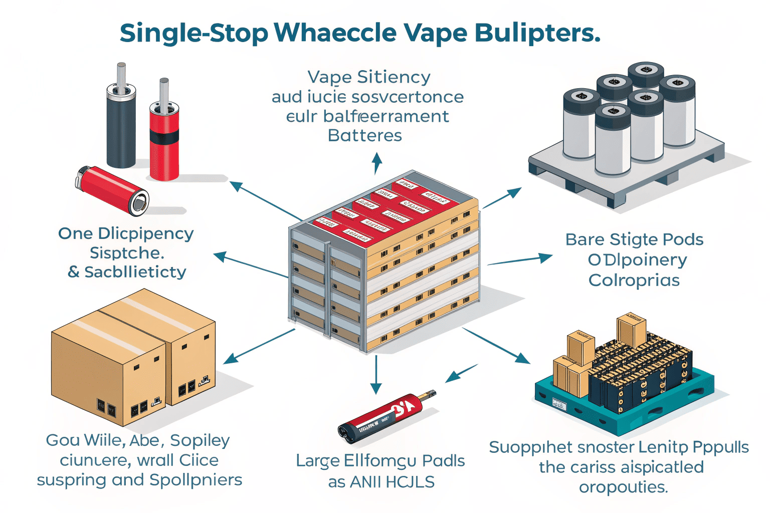 A collection of wholesale vape supplies including coils, pods, and batteries.
