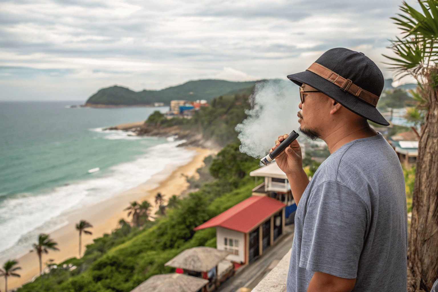 Vape Rules in Phuket A beach scene in Phuket with a subtle "No Smoking/Vaping" sign in the background.