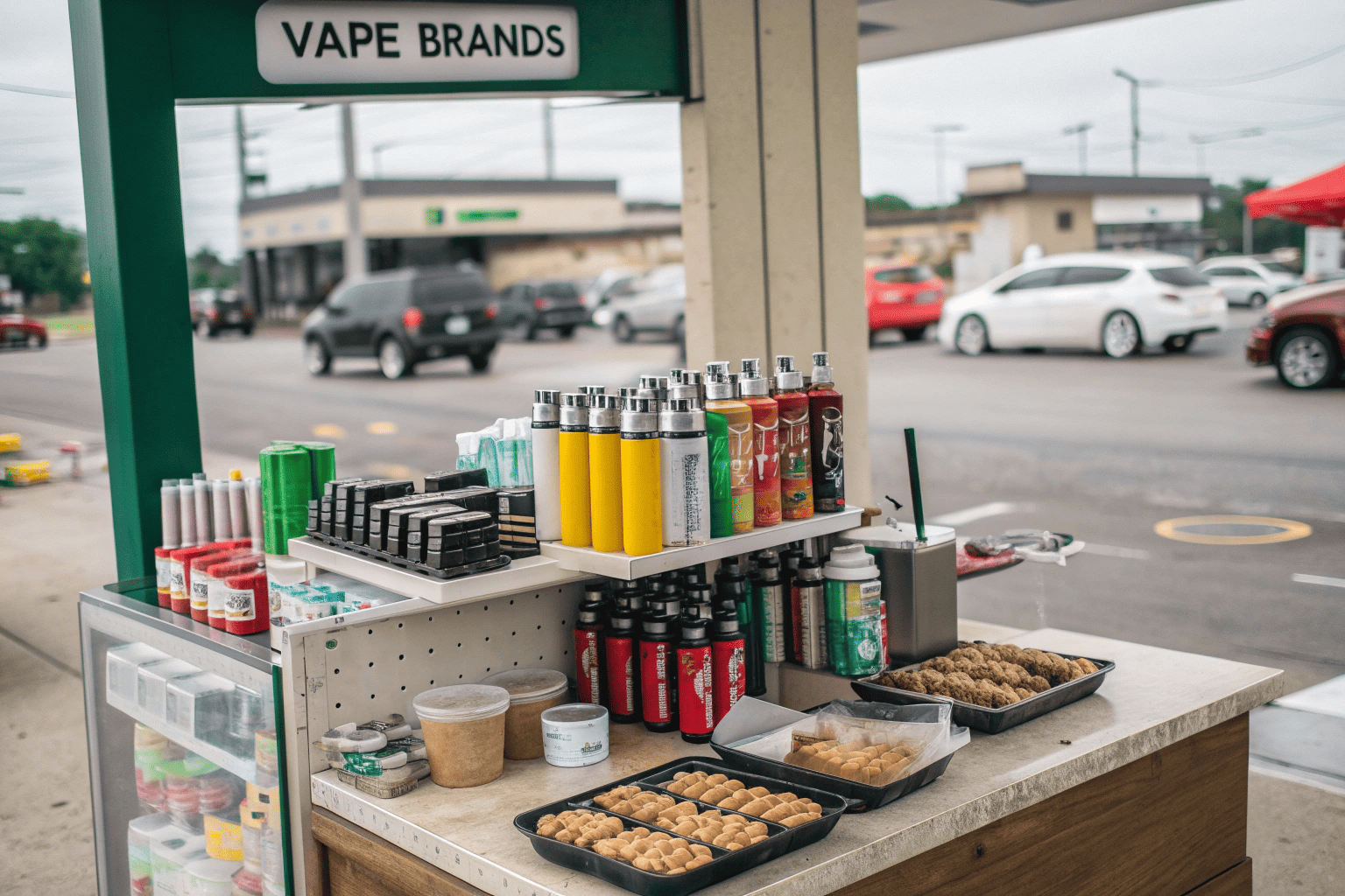 A display of disposable vapes behind the counter at a gas station.