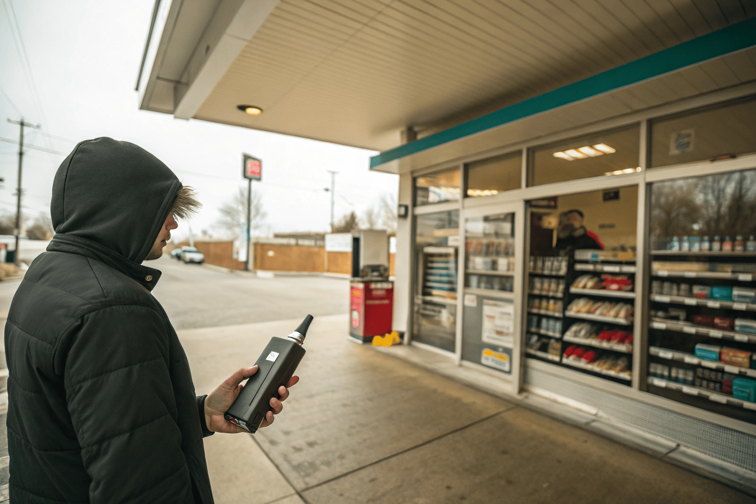 A vape product display inside a gas station convenience store, showing mostly disposable vapes.