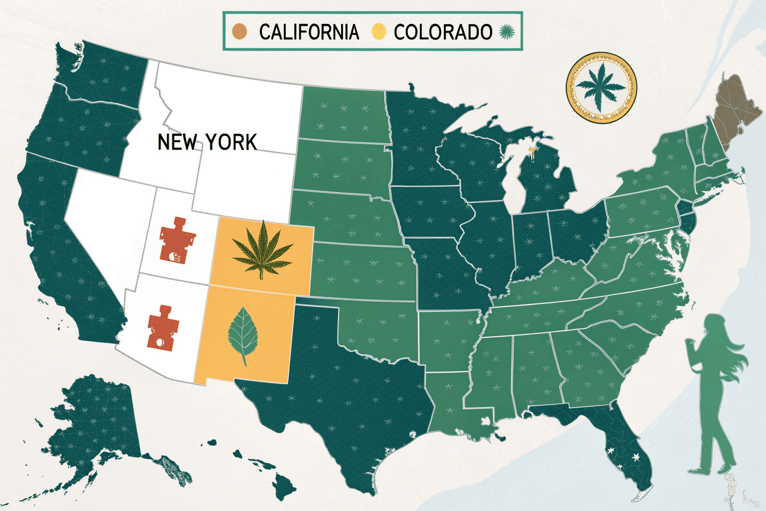 A map of the USA highlighting states where recreational and medical cannabis is legal.