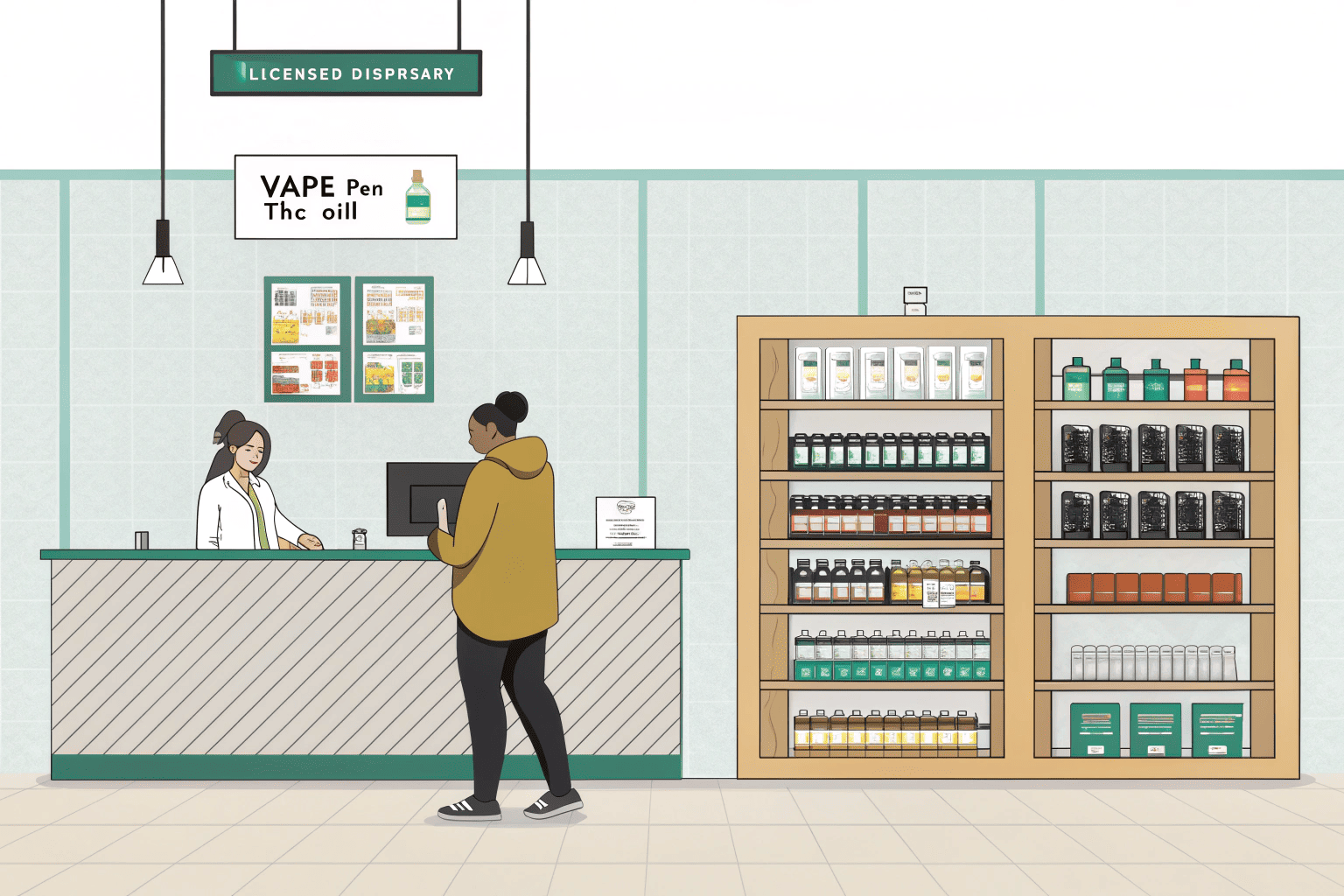 A hand holding a 510-thread battery next to a THC cartridge in its packaging.