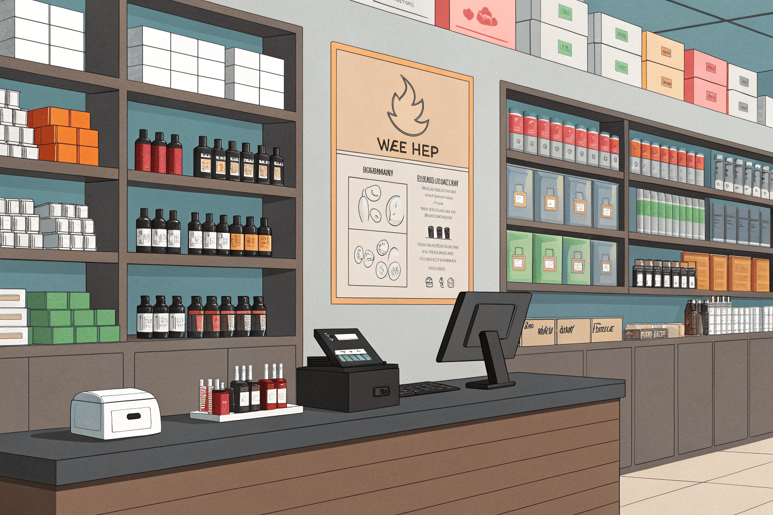 A sign in a vape shop window clarifying "No THC Products Sold Here."