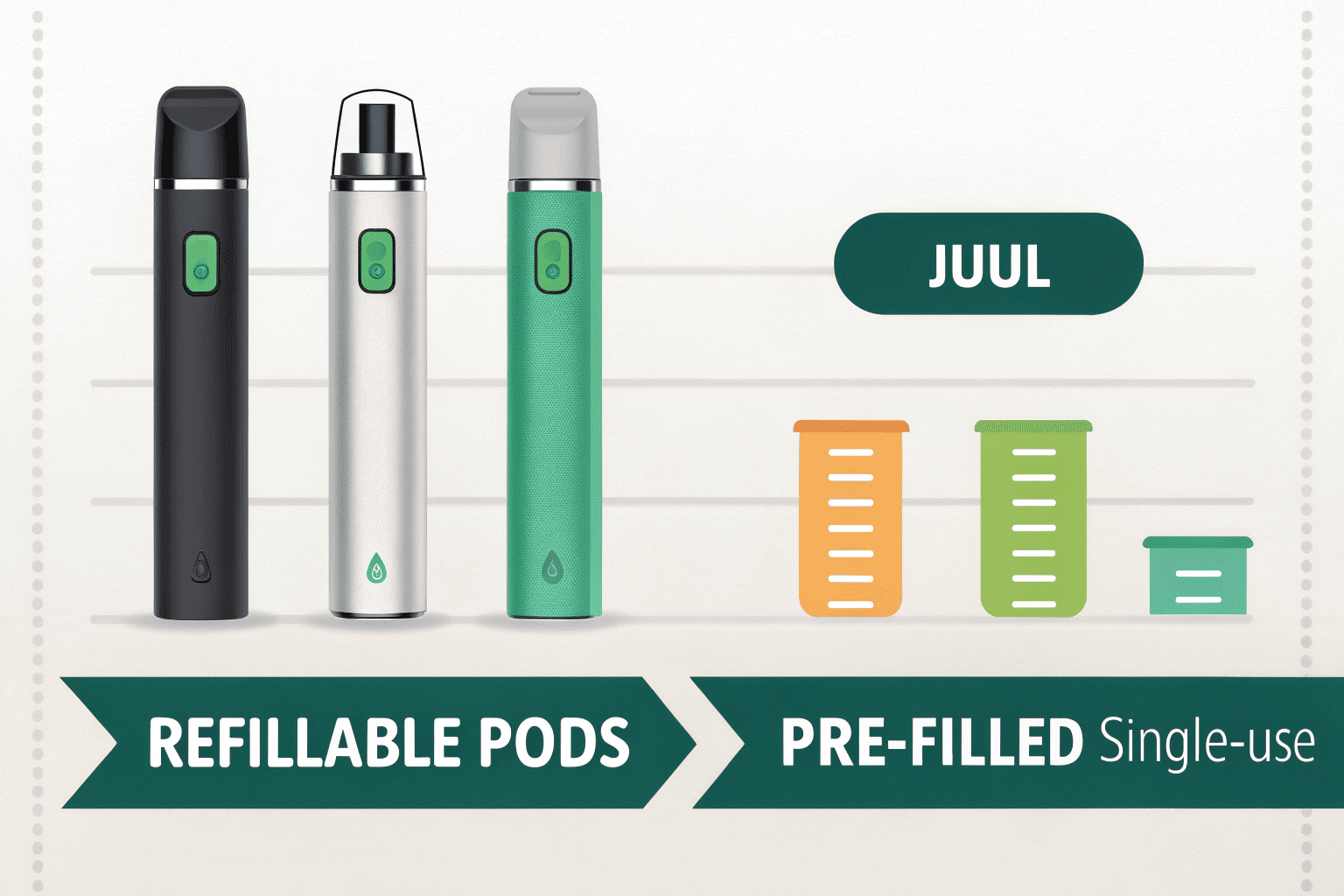 A refillable vape pod next to a bottle of e-liquid, representing cost savings.