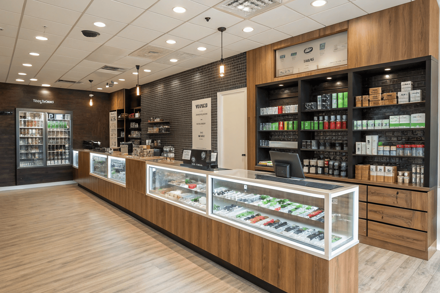 The interior of a well-stocked vape shop with shelves full of products.