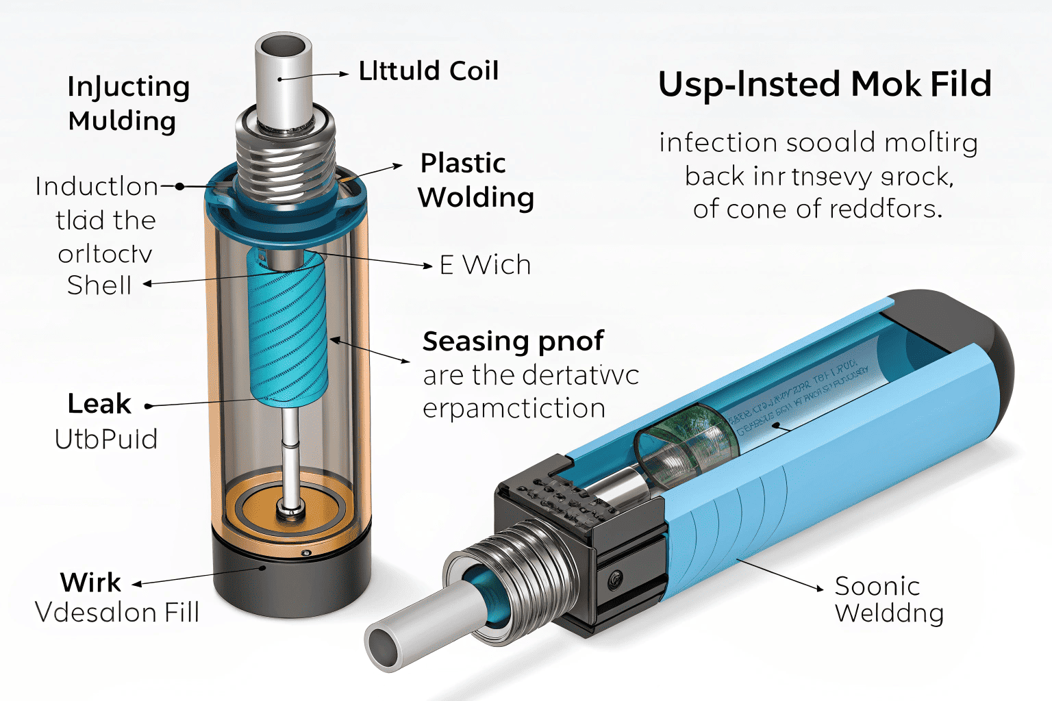 A close-up view of a vape pod's internal structure, highlighting the coil and wick inside the plastic casing.