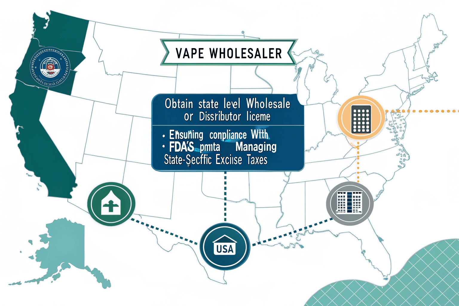 A map of the United States with various legal and tax symbols over different states.
