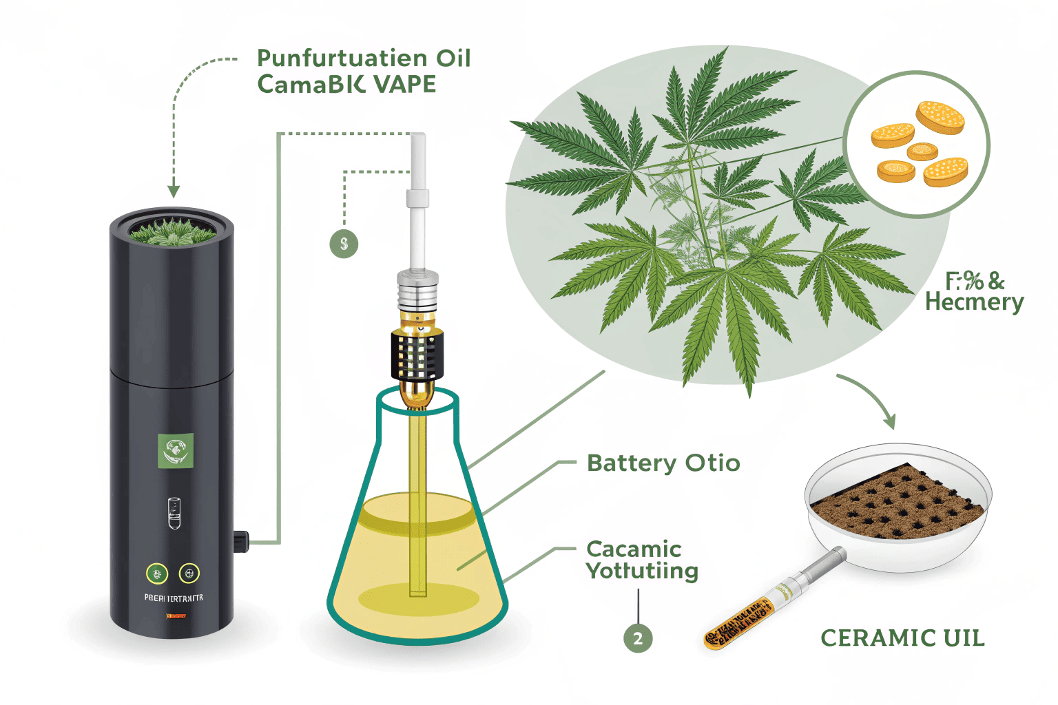 A cannabis vape pen next to a vial of golden cannabis oil and a cannabis leaf.