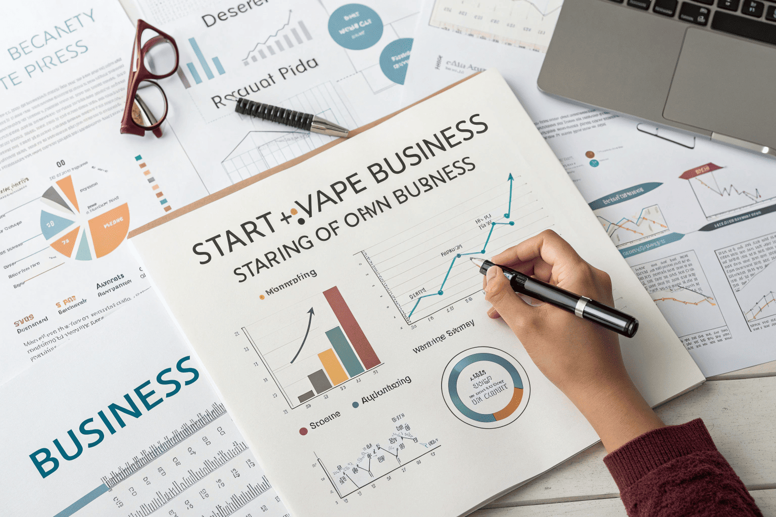 A person sketching a vape business plan on a whiteboard.
