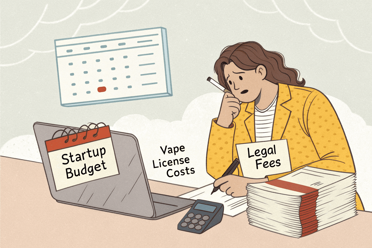 A calculator and stacks of coins next to license application papers.