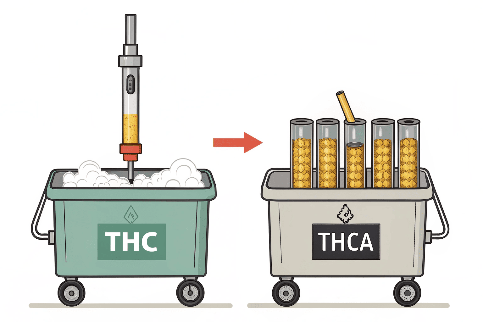 A diagram showing the THCA molecule converting to the THC molecule with the application of heat.