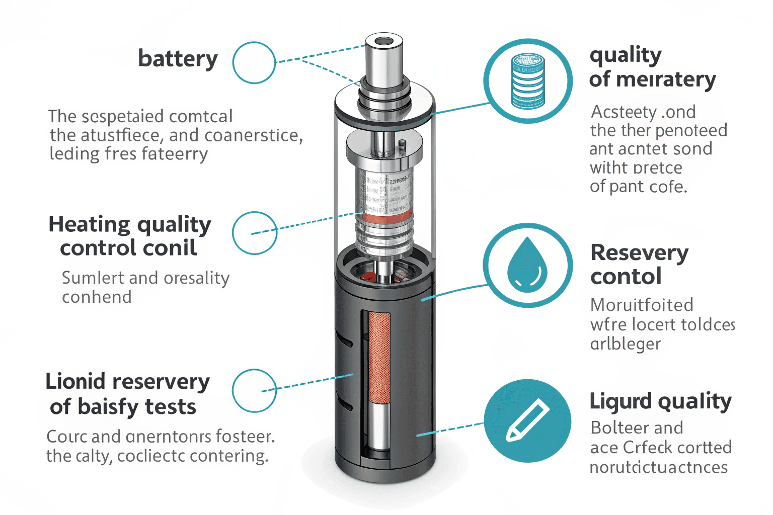An exploded view diagram showing the internal components of a modern vape device.