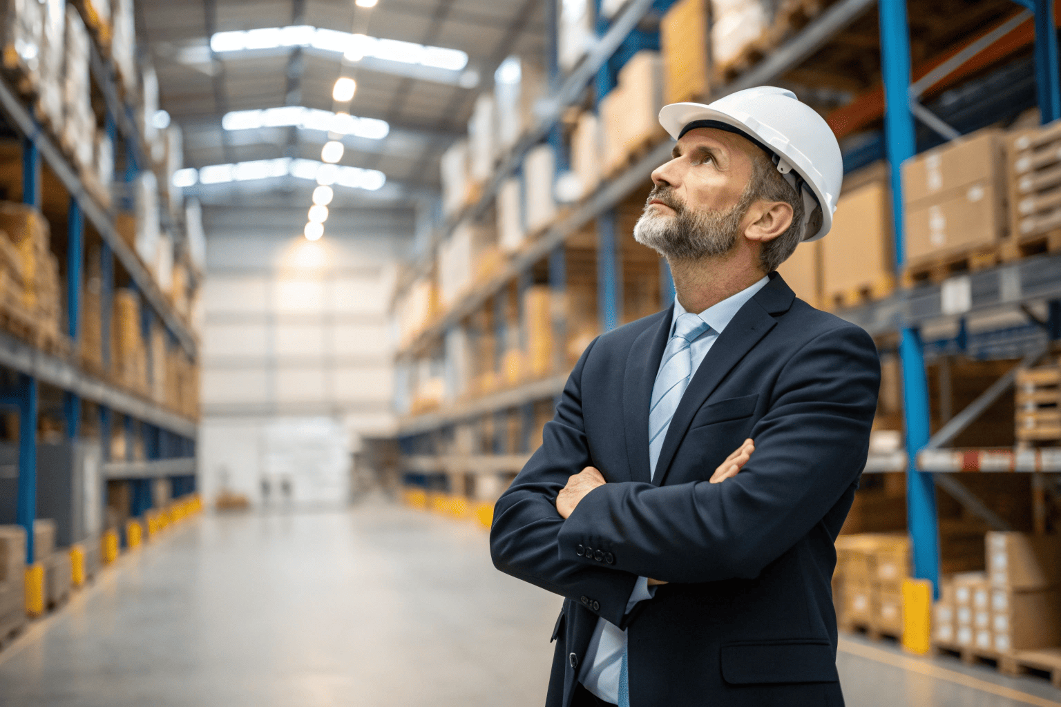 A warehouse worker organizing pallets of vape products for wholesale distribution.