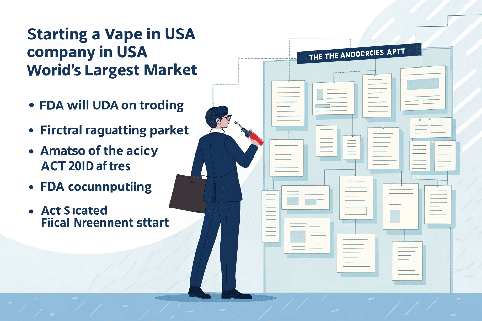 Starting a Vape Company in the USA Map of the USA with icons representing FDA, PACT Act, and state licenses.