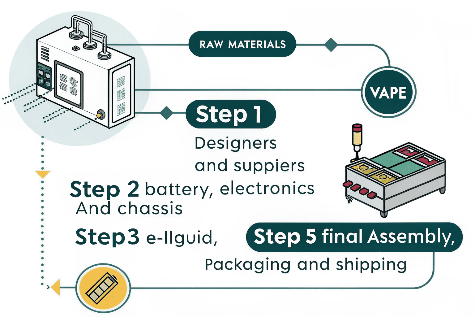 A factory assembly line with workers assembling vape devices at various stations.