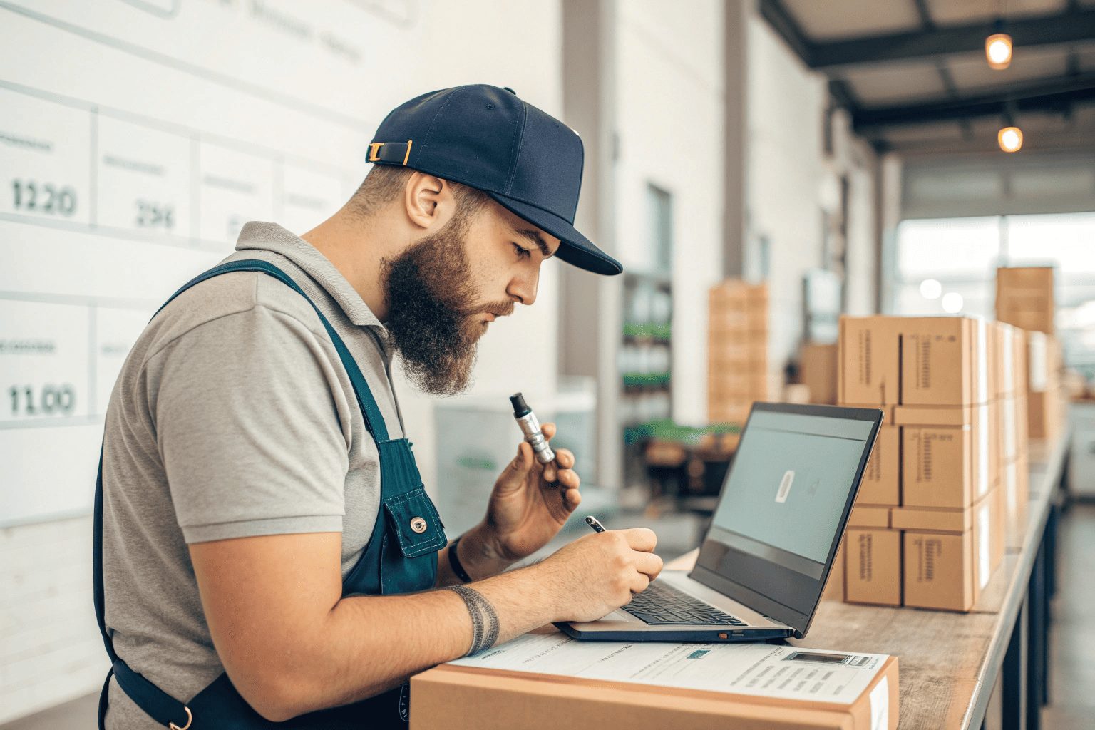 A computer screen showing a compliant vape e-commerce website with a clear age verification pop-up.