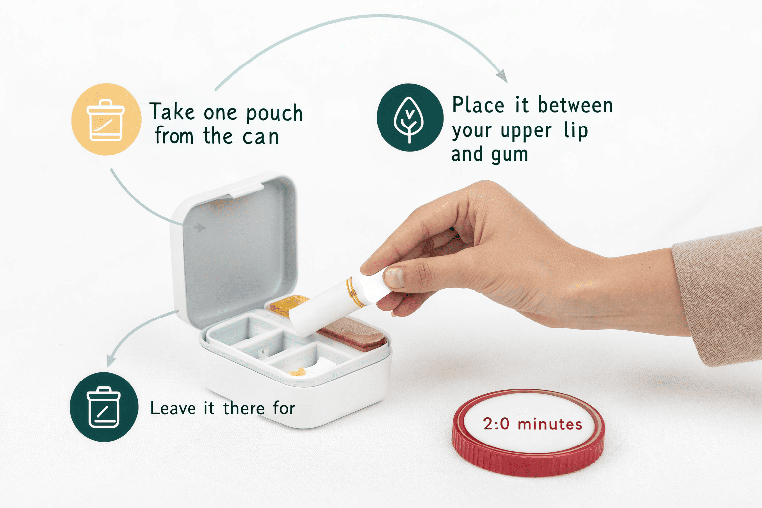 A close-up of a nicotine pouch being placed under the upper lip