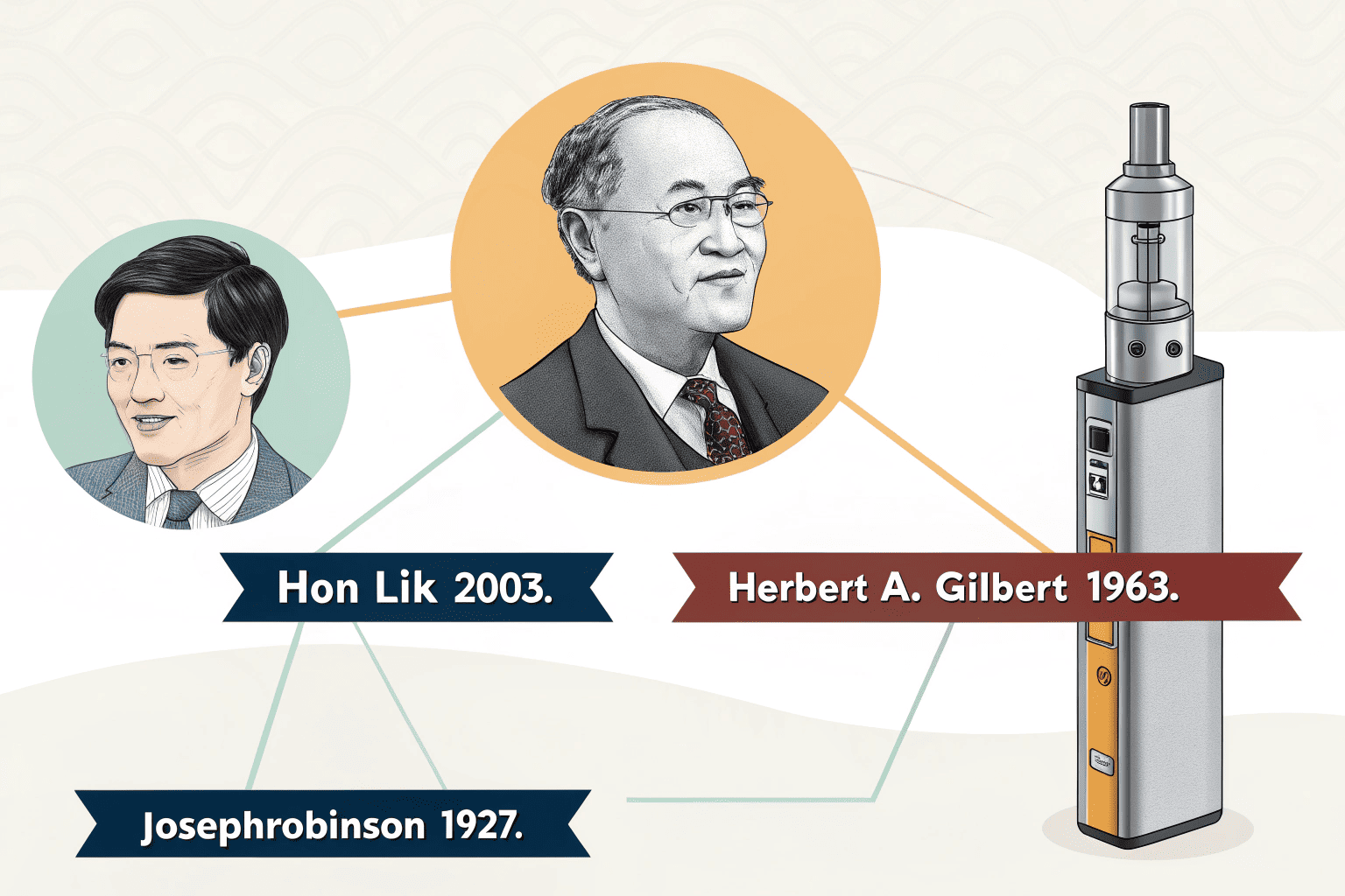 A collage showing portraits of the key vape designers: Robinson, Gilbert, and Hon Lik