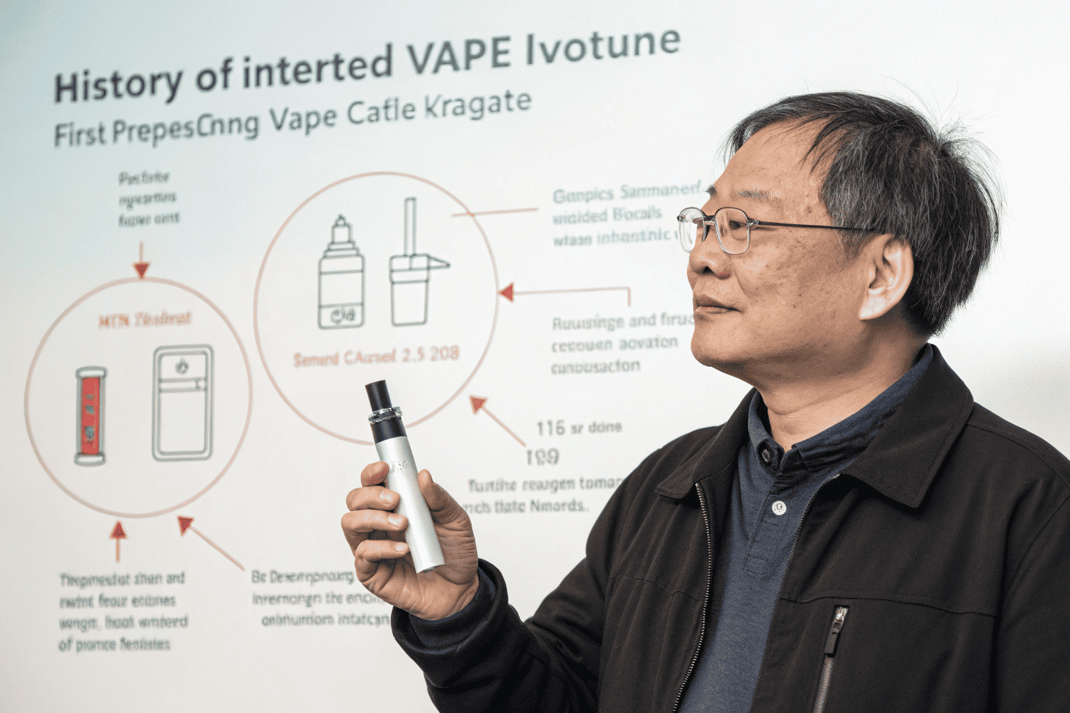 A scientific image showing the molecular structure of nicotine with vape liquid in the background