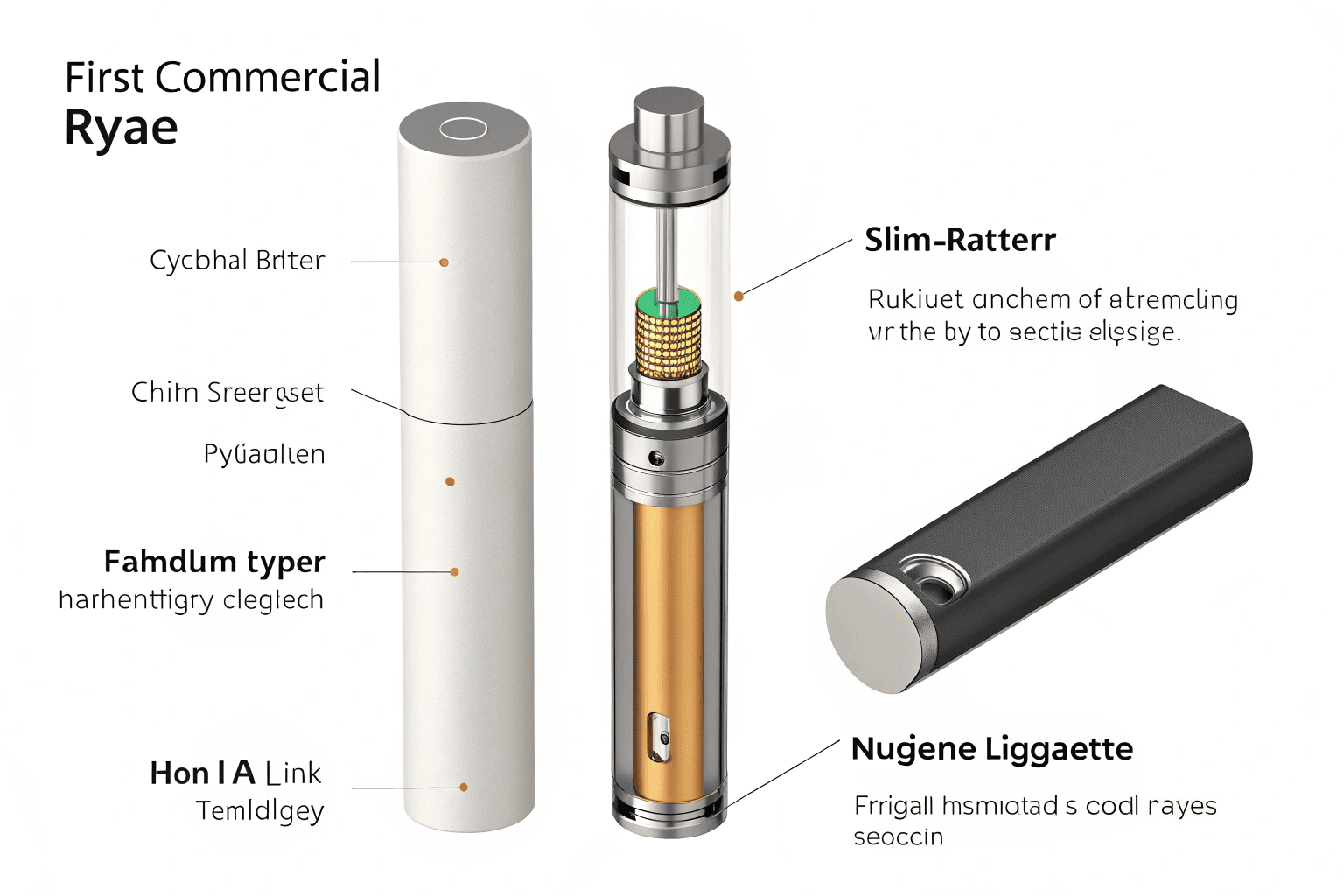 A retro-style image showing the parts of the first Ruyan e-cigarette