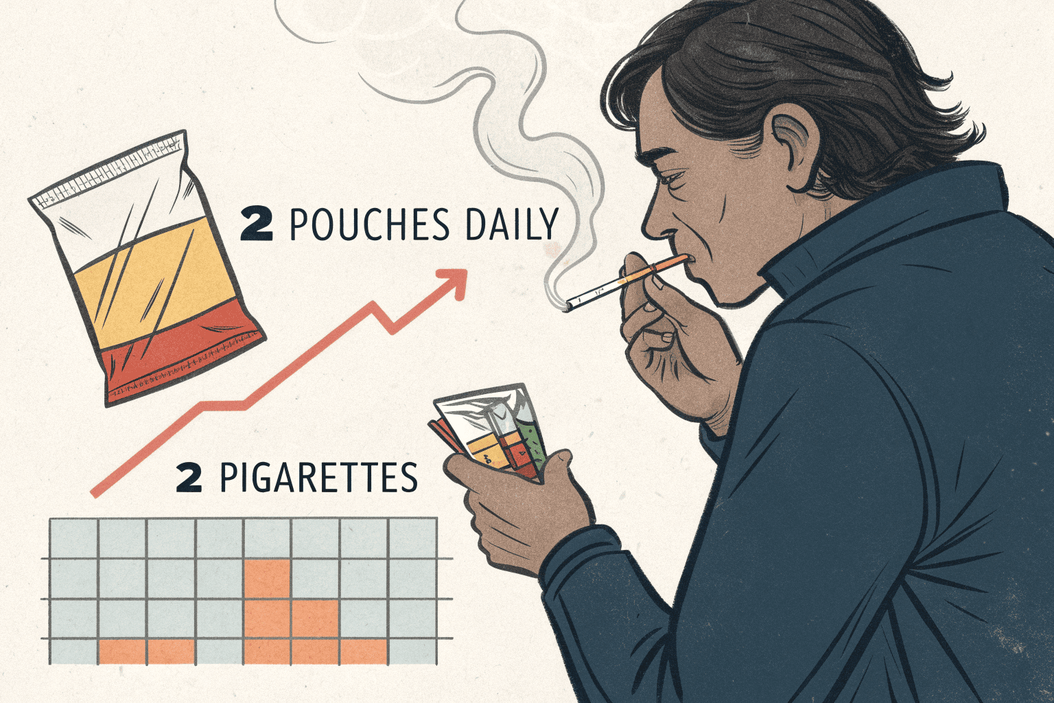 A person holding two nicotine pouches, representing a small daily amount