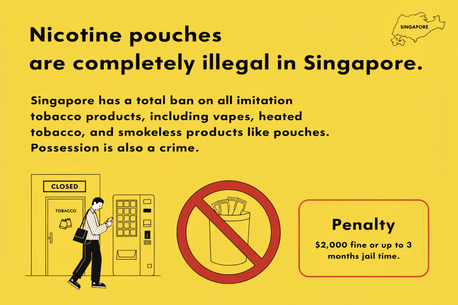 A clear, easy-to-read graphic showing a nicotine pouch can inside a red circle with a line through it, representing a total ban.