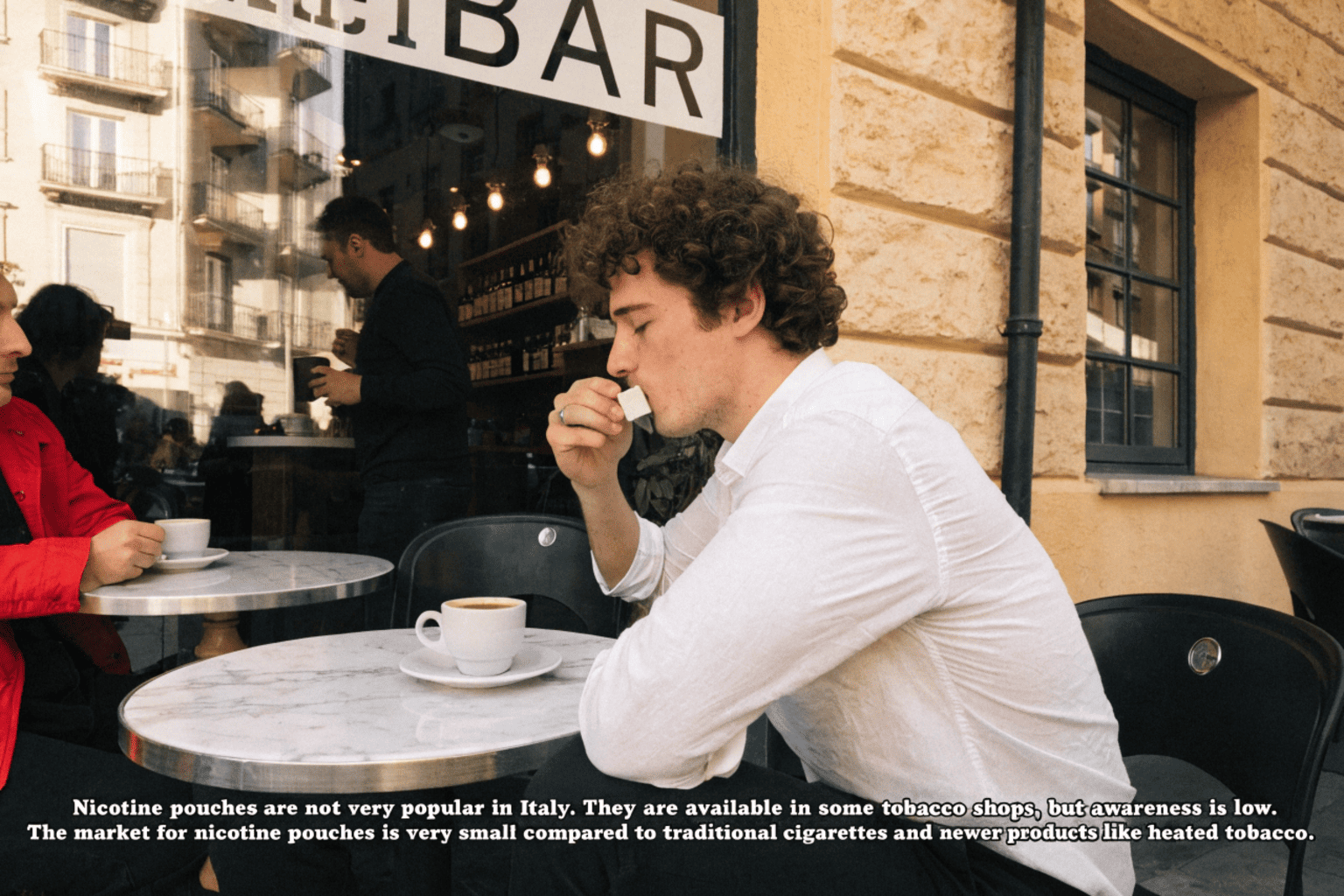 A marketing professional looking at a sales chart for Italy, showing very slow growth for nicotine pouches compared to other products.