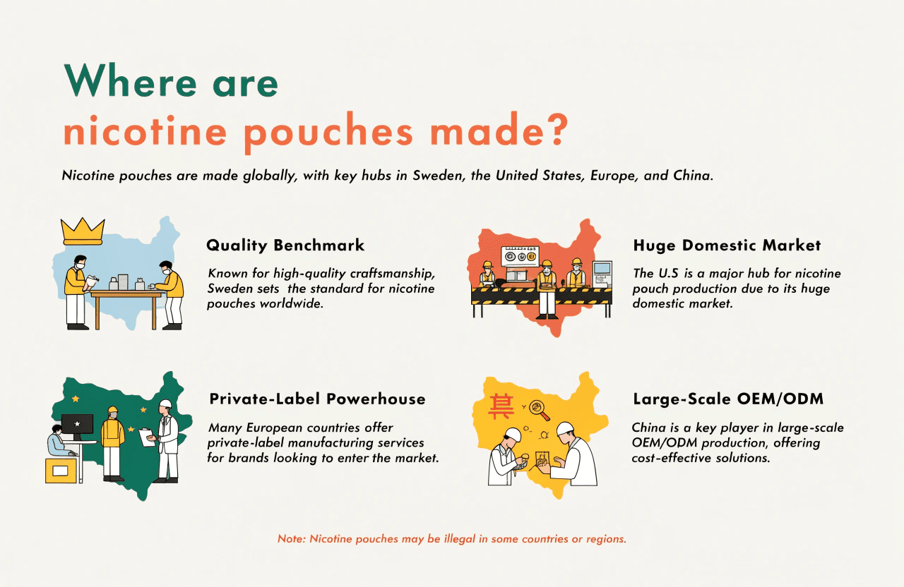 A global map showing the main nicotine pouch manufacturing locations like Sweden, USA, Europe, and China.