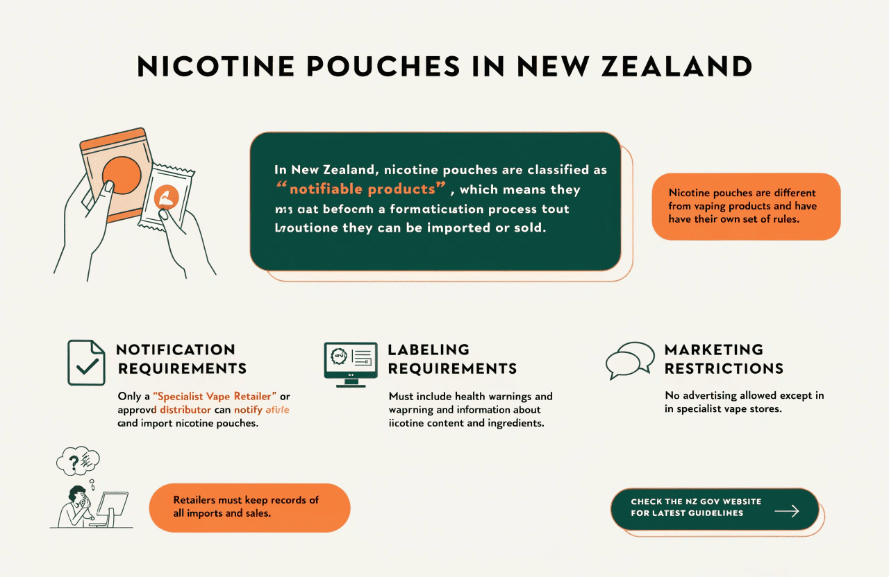 A flowchart showing the process for importing to NZ: Become a Specialist Retailer -> Notify Product -> Import -> Sell in licensed stores.