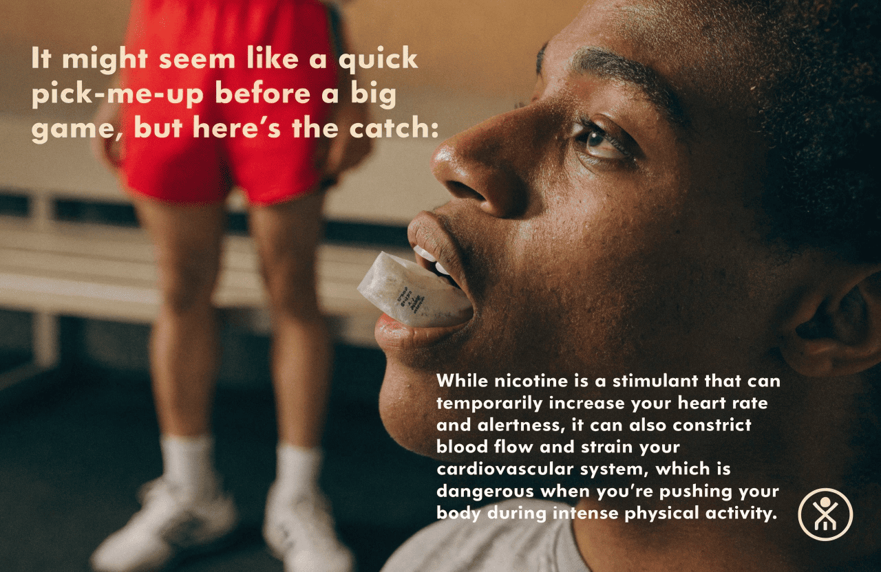 An illustration of a heart with a warning symbol over it, next to a person exercising, with a nicotine pouch icon crossed out.