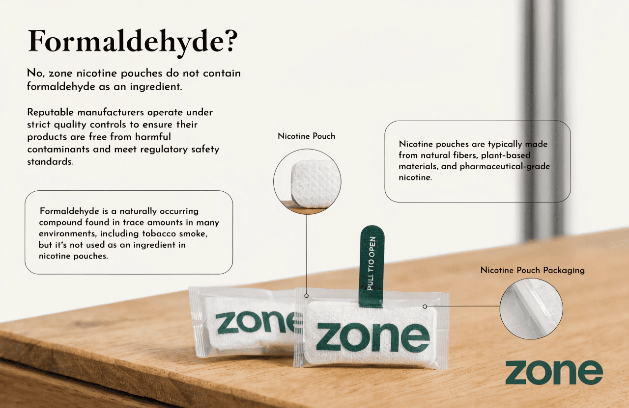 Do zone nicotine pouches contain formaldehyde A scientist in a lab coat inspecting a nicotine pouch, with a "Formaldehyde-Free" badge.