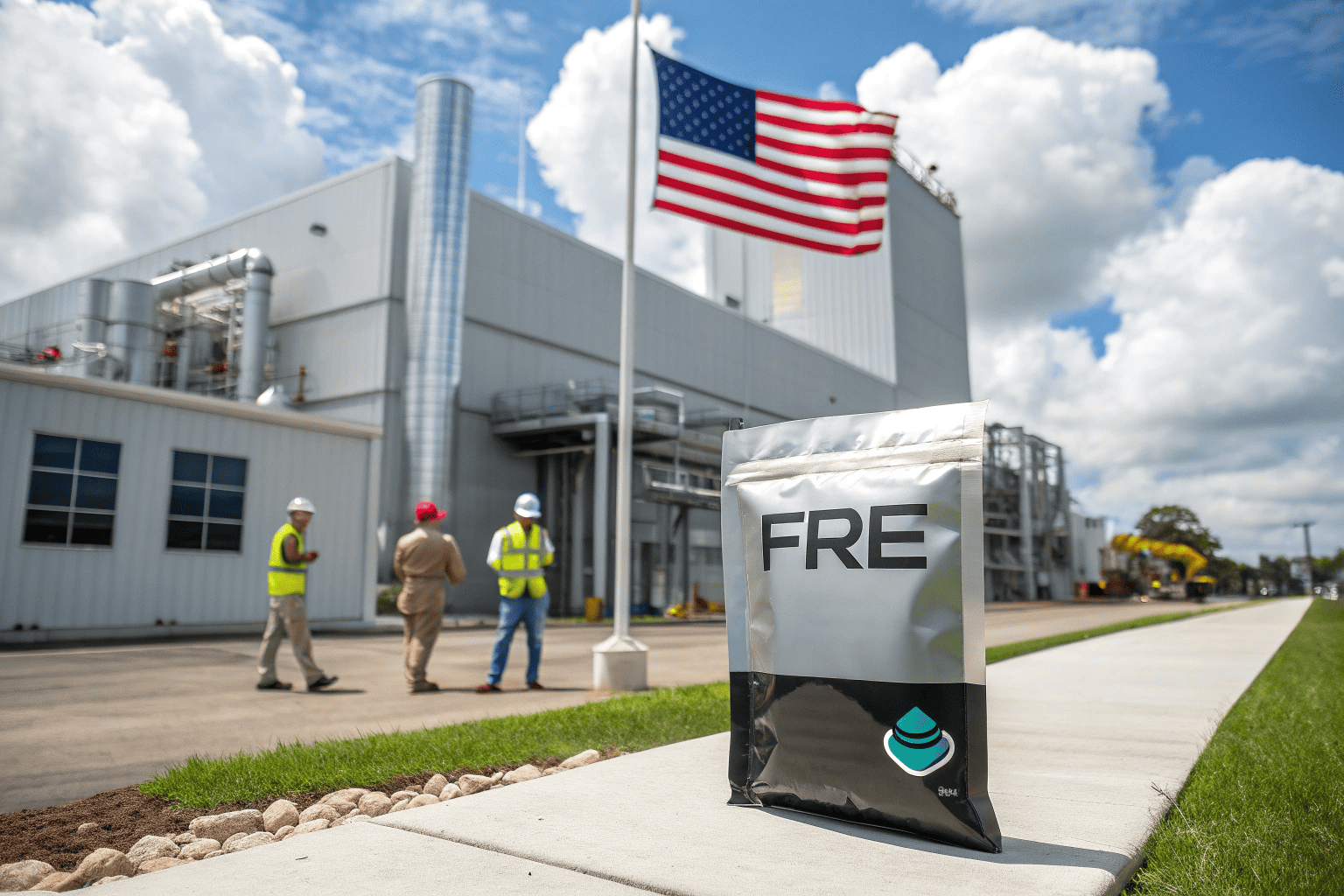 Are FRE nicotine pouches made in the USA A can of FRE pouches with an American flag and a factory in the background.