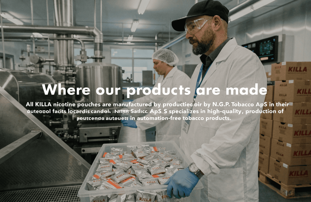 An illustration of a modern, automated factory floor producing KILLA pouches with Danish flags in the background.