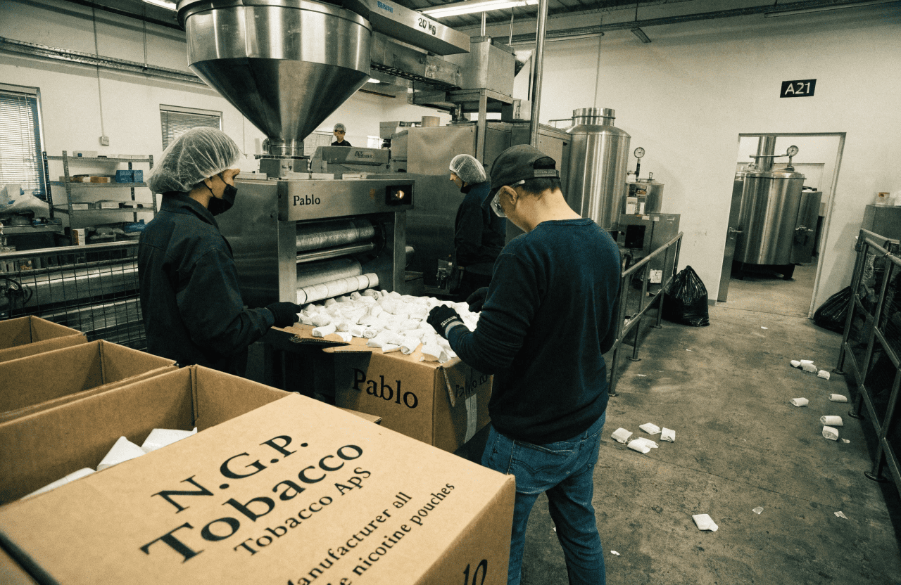An illustration of a clean, modern factory floor with N.G.P. Tobacco branding producing Pablo pouches.