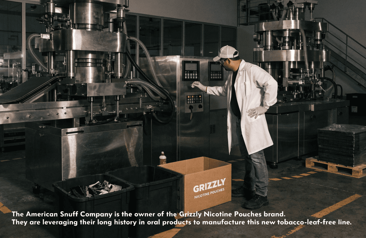 An illustration of a modern, clean factory line producing Grizzly pouches, separate from an old-fashioned tobacco barn.