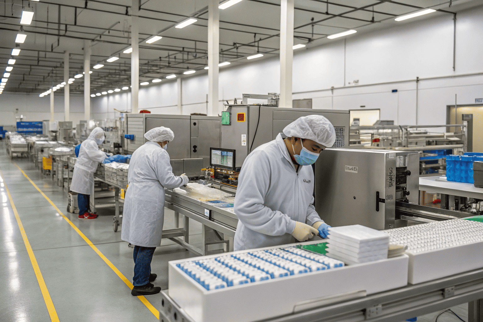 Who manufactures FRE pouches An illustration of a factory with workers on a production line for FRE pouches.